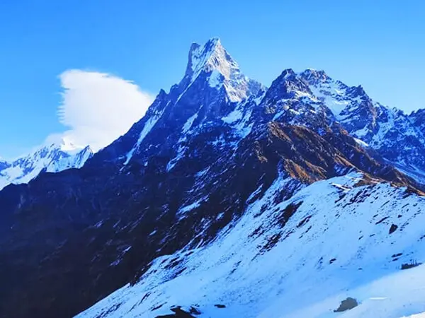 An Early morning view of Fishtail mountain from the Mardi Himal view point.